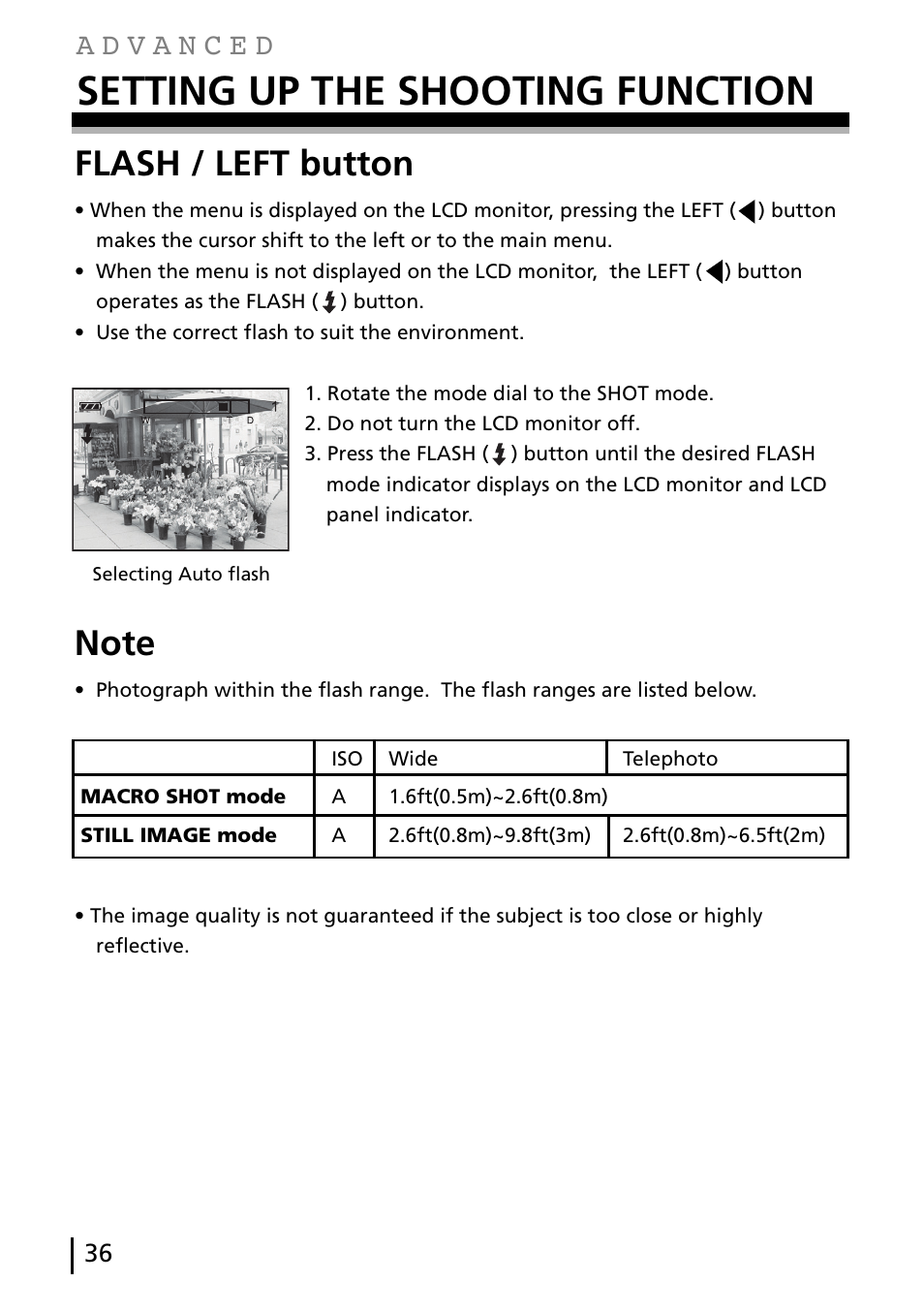 Setting up the shooting function, Flash / left button | Gateway DC-M40 User Manual | Page 36 / 95