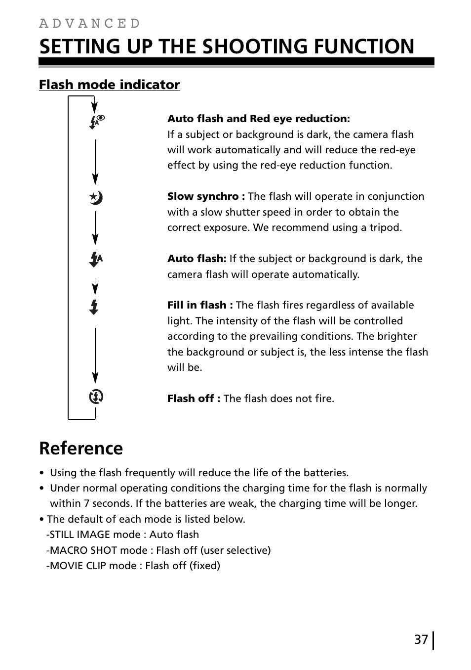 Setting up the shooting function, Reference, Flash mode indicator | Gateway DC-M40 User Manual | Page 37 / 95