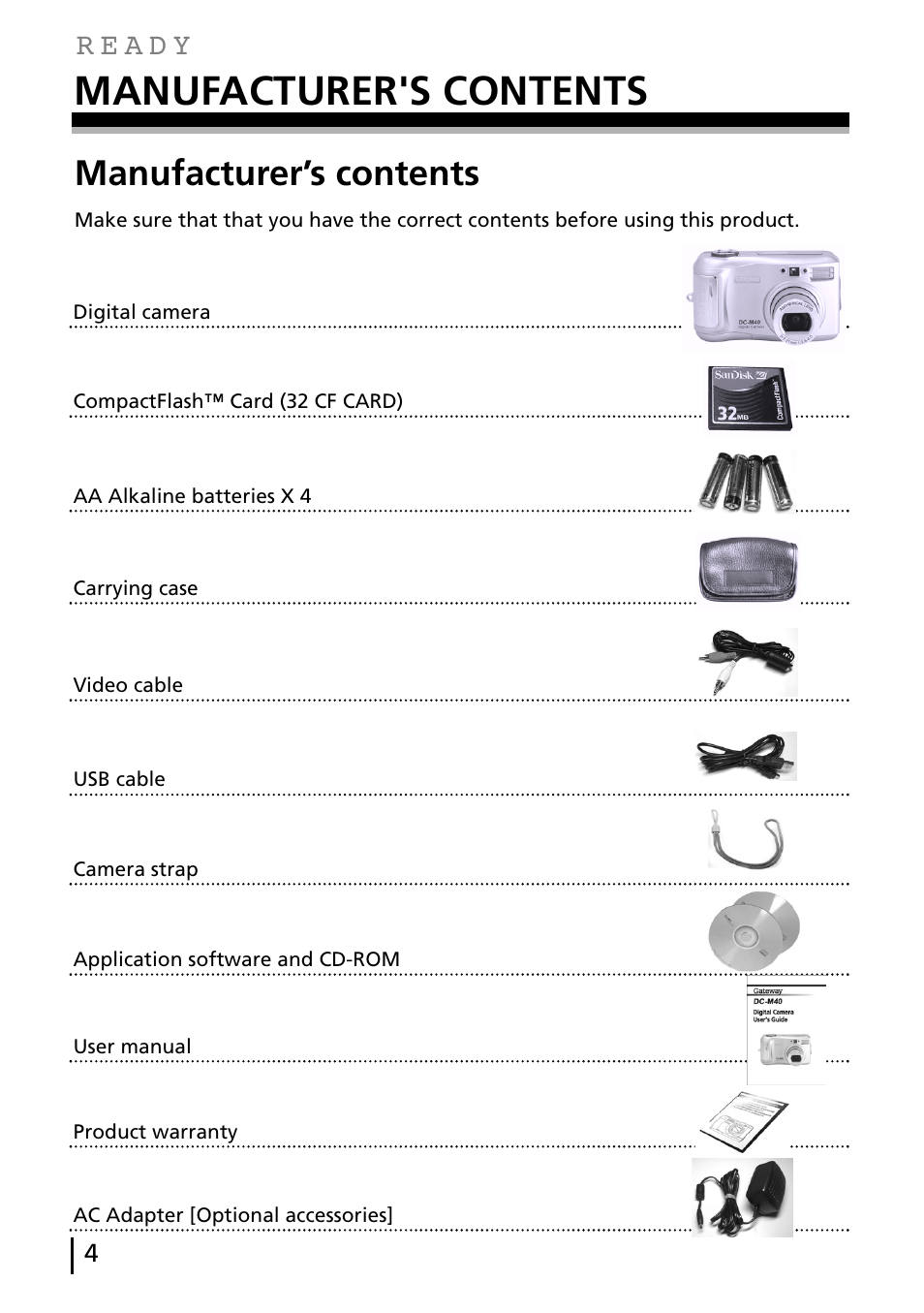 Manufacturer's contents, Manufacturer’s contents | Gateway DC-M40 User Manual | Page 4 / 95