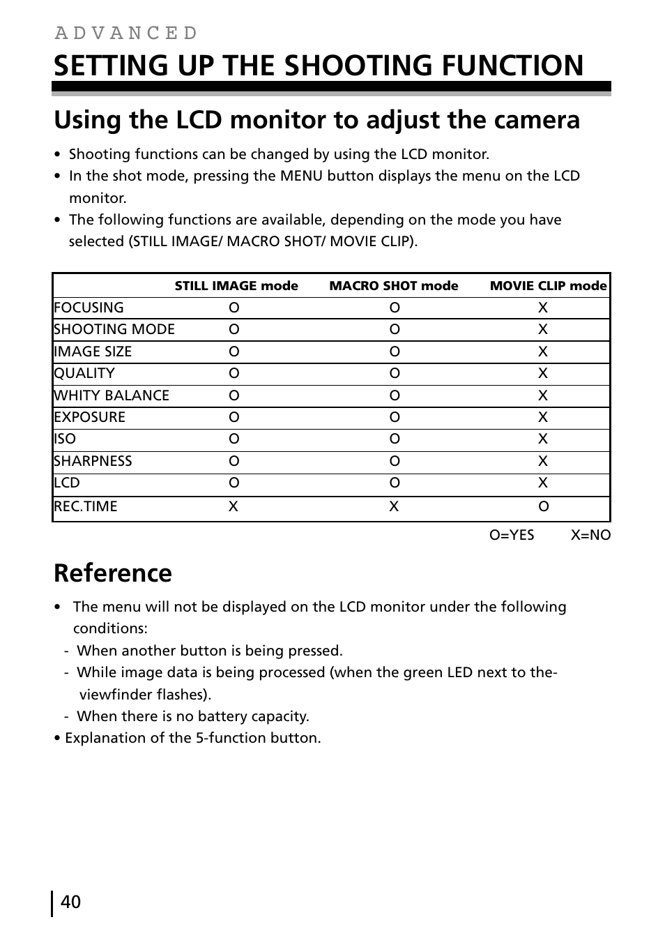 Setting up the shooting function, Using the lcd monitor to adjust the camera, Reference | Gateway DC-M40 User Manual | Page 40 / 95