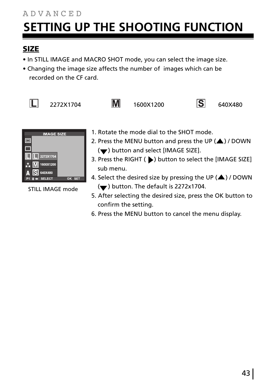 Setting up the shooting function, Size | Gateway DC-M40 User Manual | Page 43 / 95