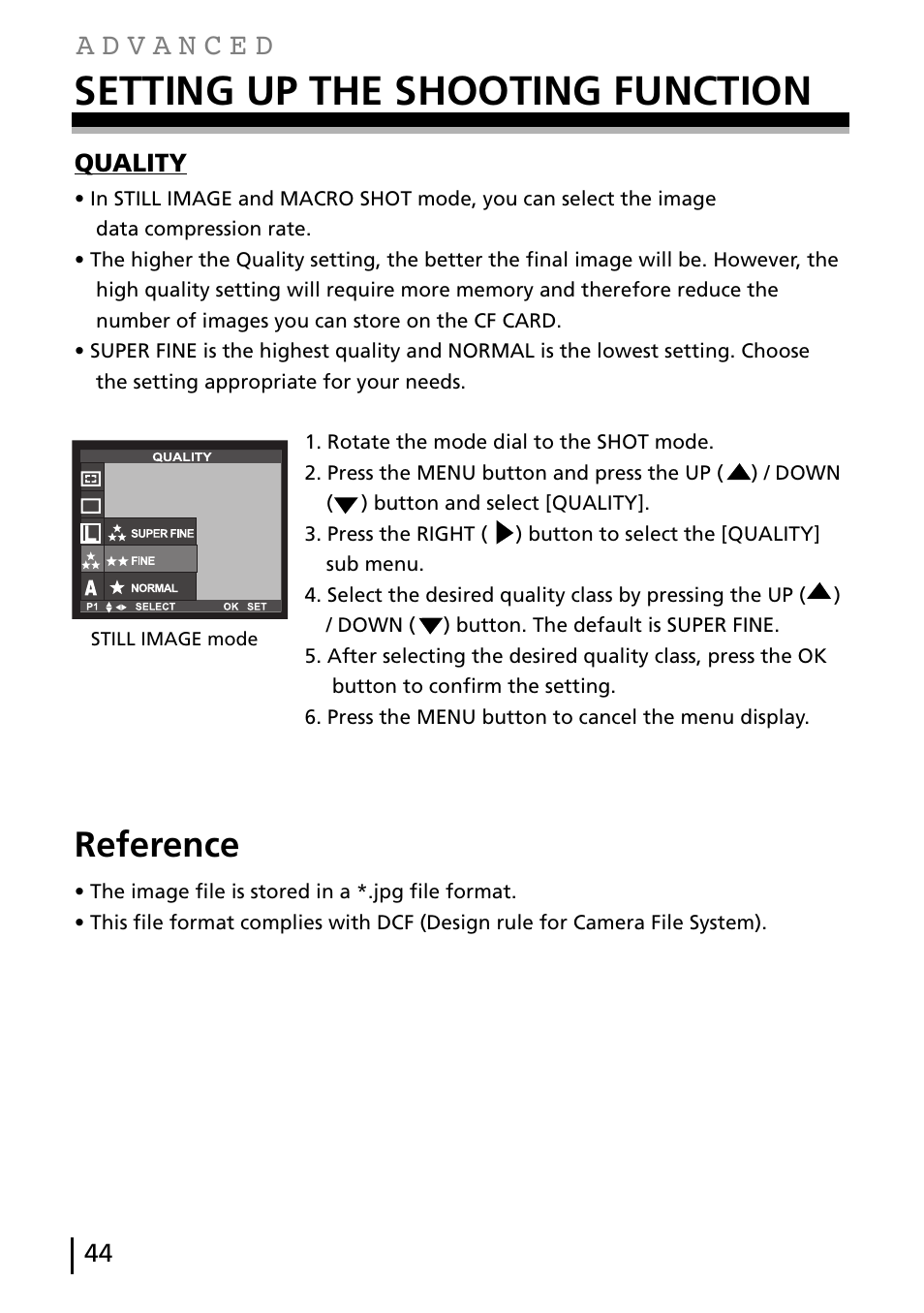 Setting up the shooting function, Reference, Quality | Gateway DC-M40 User Manual | Page 44 / 95