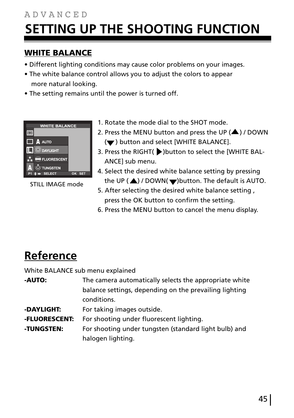 Setting up the shooting function, Reference, White balance | Gateway DC-M40 User Manual | Page 45 / 95