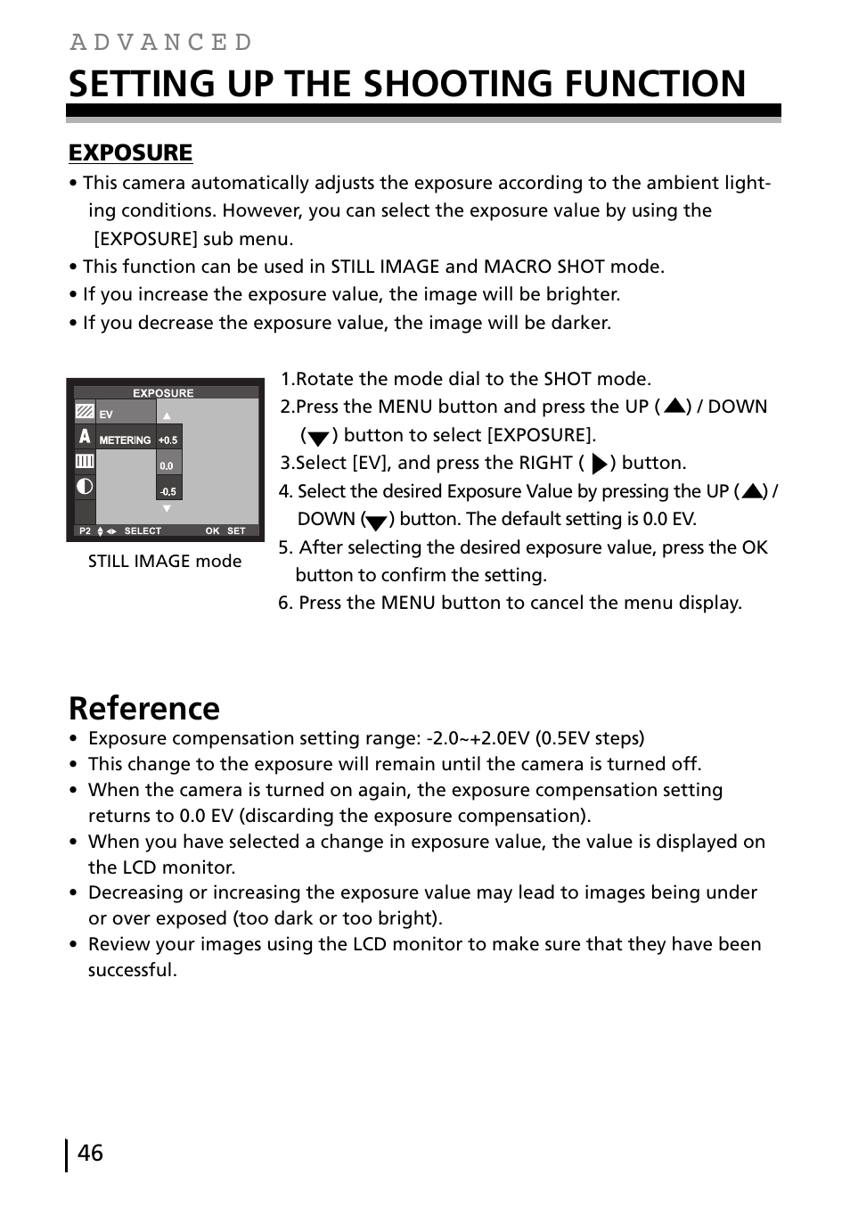 Setting up the shooting function, Reference, Exposure | Gateway DC-M40 User Manual | Page 46 / 95