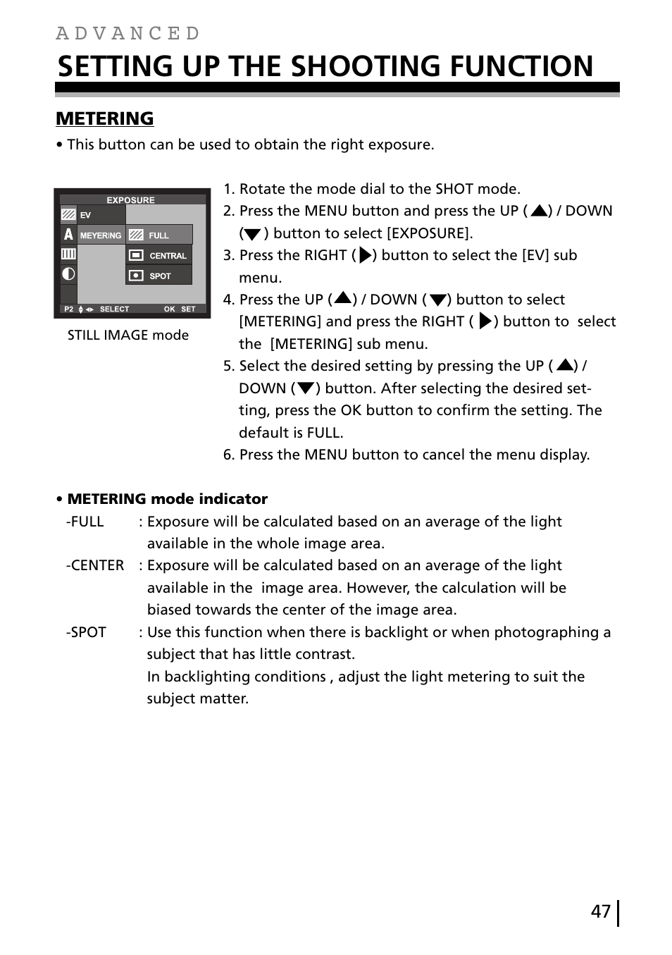 Setting up the shooting function, Metering | Gateway DC-M40 User Manual | Page 47 / 95