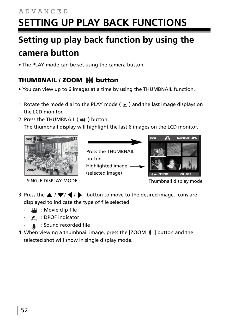 Setting up play back functions, Thumbnail / zoom button | Gateway DC-M40 User Manual | Page 52 / 95