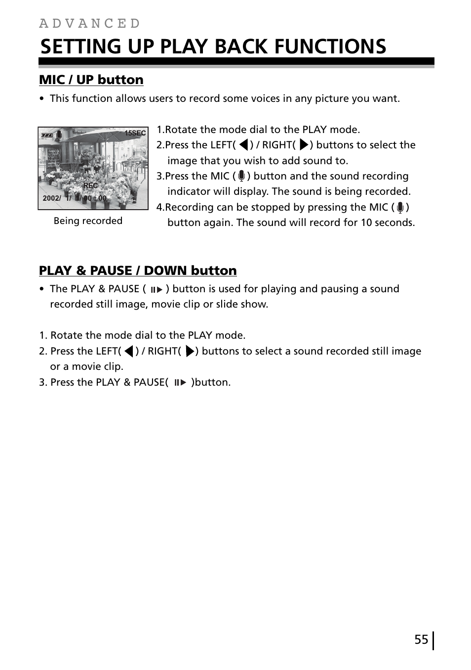 Setting up play back functions, Mic / up button, Play & pause / down button | Gateway DC-M40 User Manual | Page 55 / 95