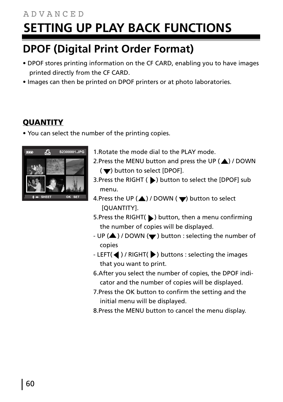 Setting up play back functions, Dpof (digital print order format), Quantity | Gateway DC-M40 User Manual | Page 60 / 95