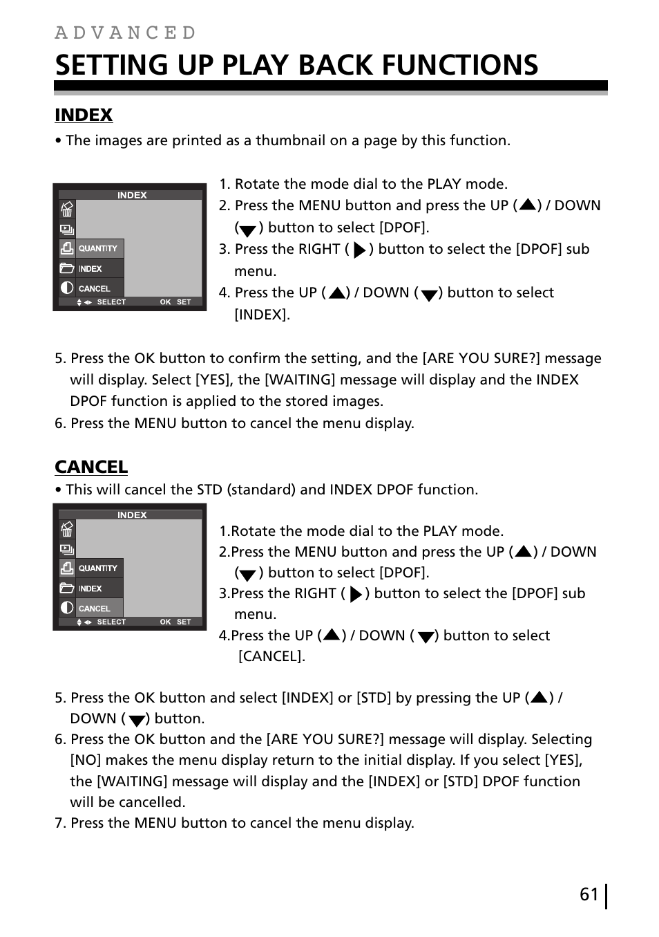 Setting up play back functions, Index, Cancel | Gateway DC-M40 User Manual | Page 61 / 95