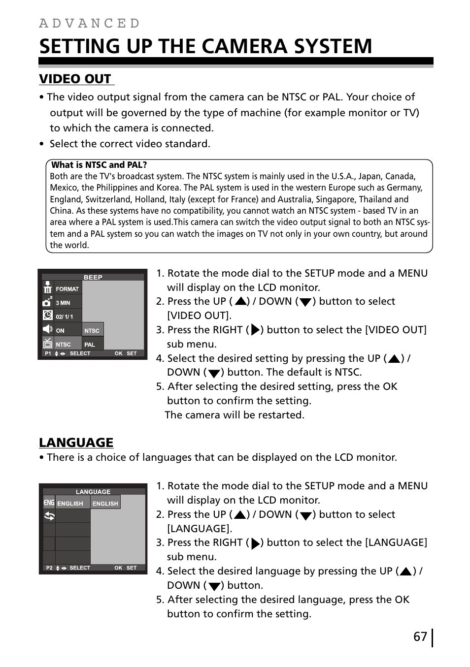 Setting up the camera system, 67 video out, Language | Gateway DC-M40 User Manual | Page 67 / 95