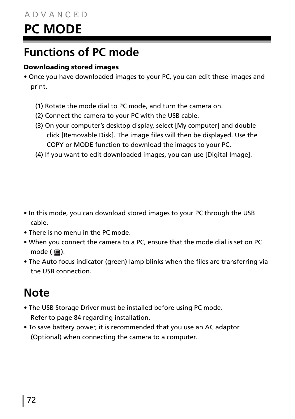 Pc mode, Functions of pc mode | Gateway DC-M40 User Manual | Page 72 / 95