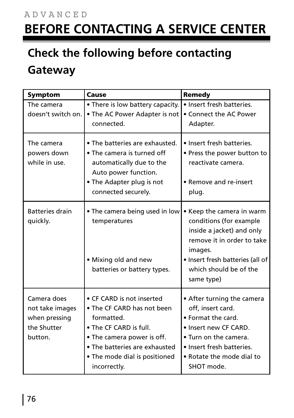 Before contacting a service center, Check the following before contacting gateway | Gateway DC-M40 User Manual | Page 76 / 95