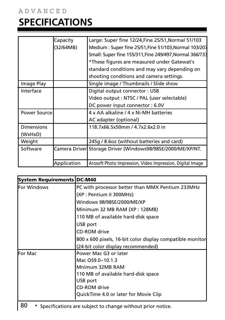 Specifications | Gateway DC-M40 User Manual | Page 80 / 95