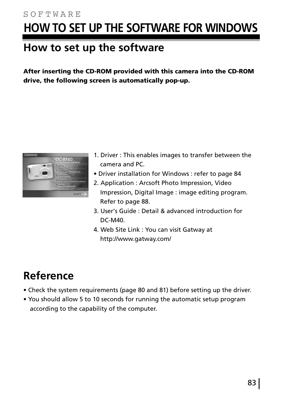 How to set up the software for windows, How to set up the software, Reference | Gateway DC-M40 User Manual | Page 83 / 95