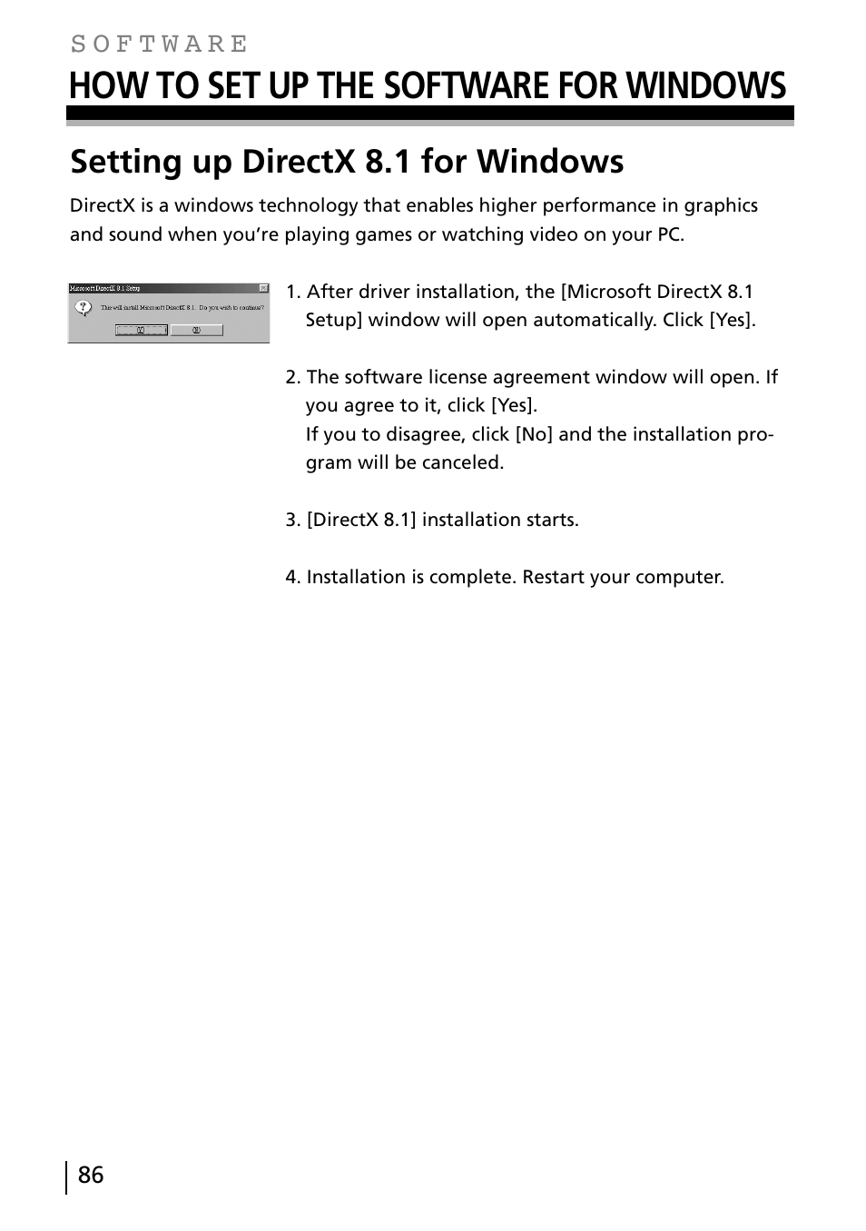 How to set up the software for windows, Setting up directx 8.1 for windows | Gateway DC-M40 User Manual | Page 86 / 95