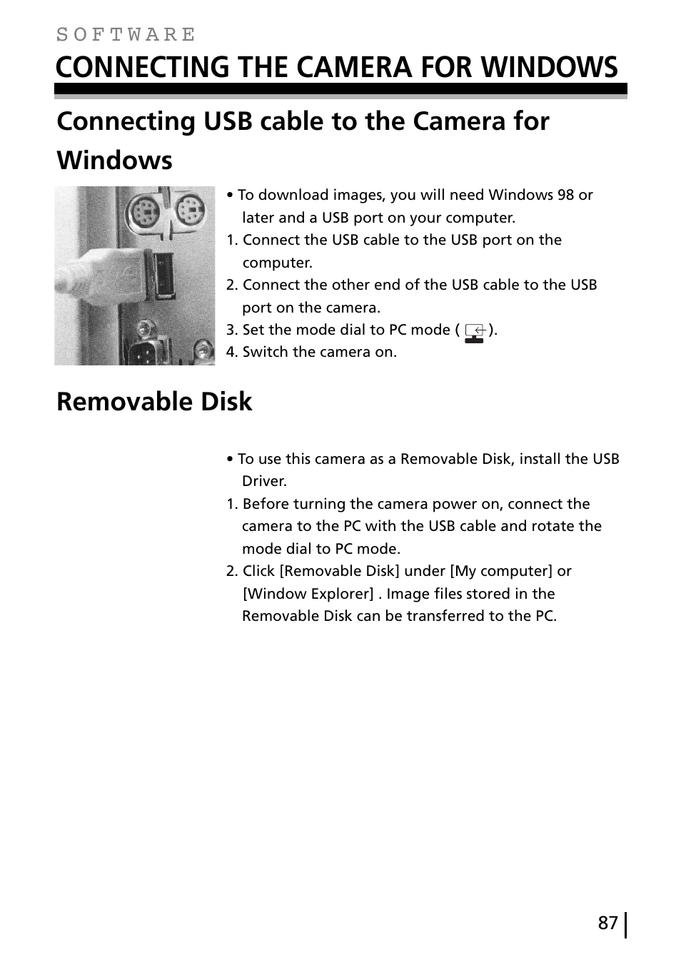 Connecting the camera for windows, Connecting usb cable to the camera for windows, Removable disk | Gateway DC-M40 User Manual | Page 87 / 95