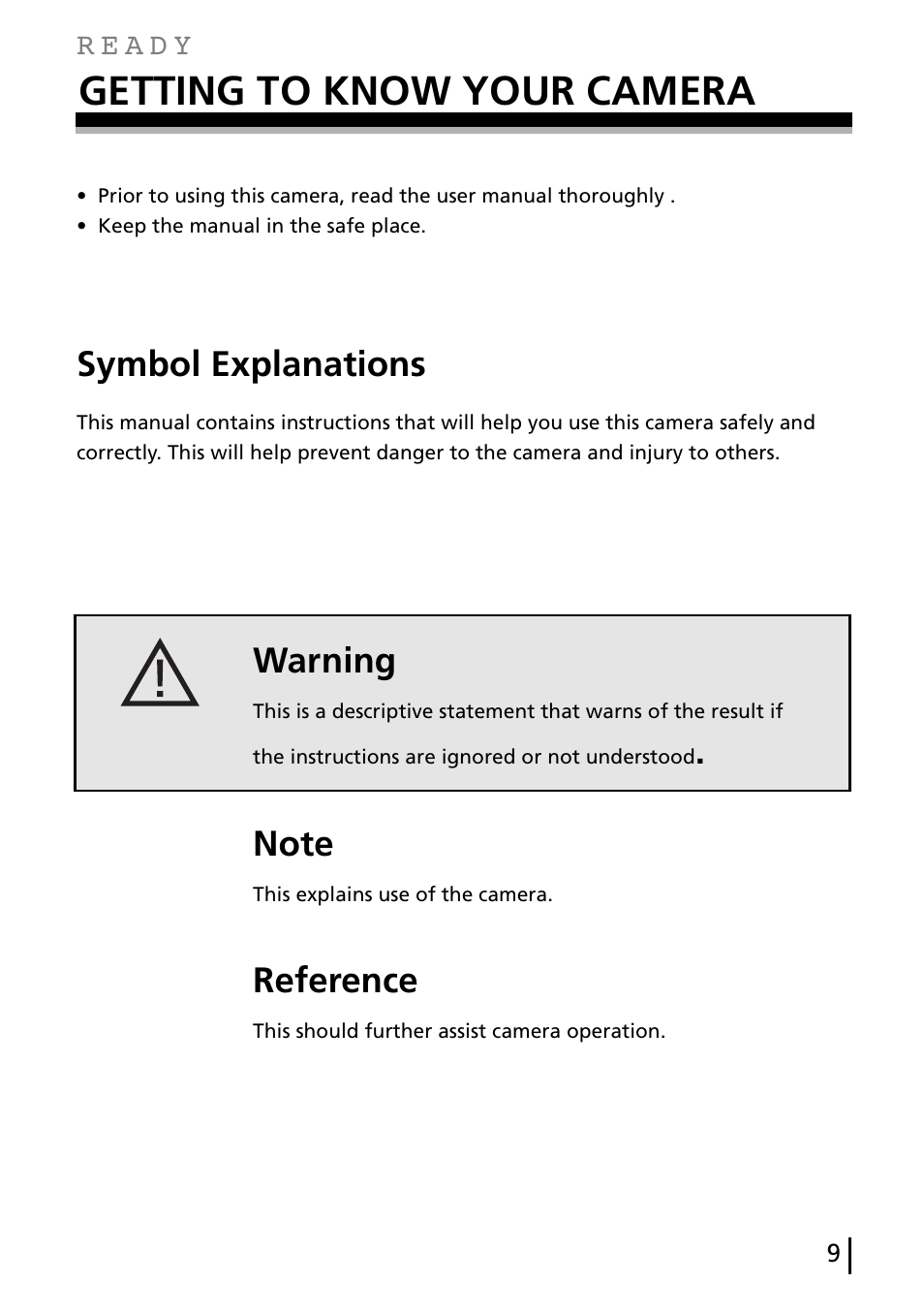 Getting to know your camera, Symbol explanations, Warning | Reference | Gateway DC-M40 User Manual | Page 9 / 95