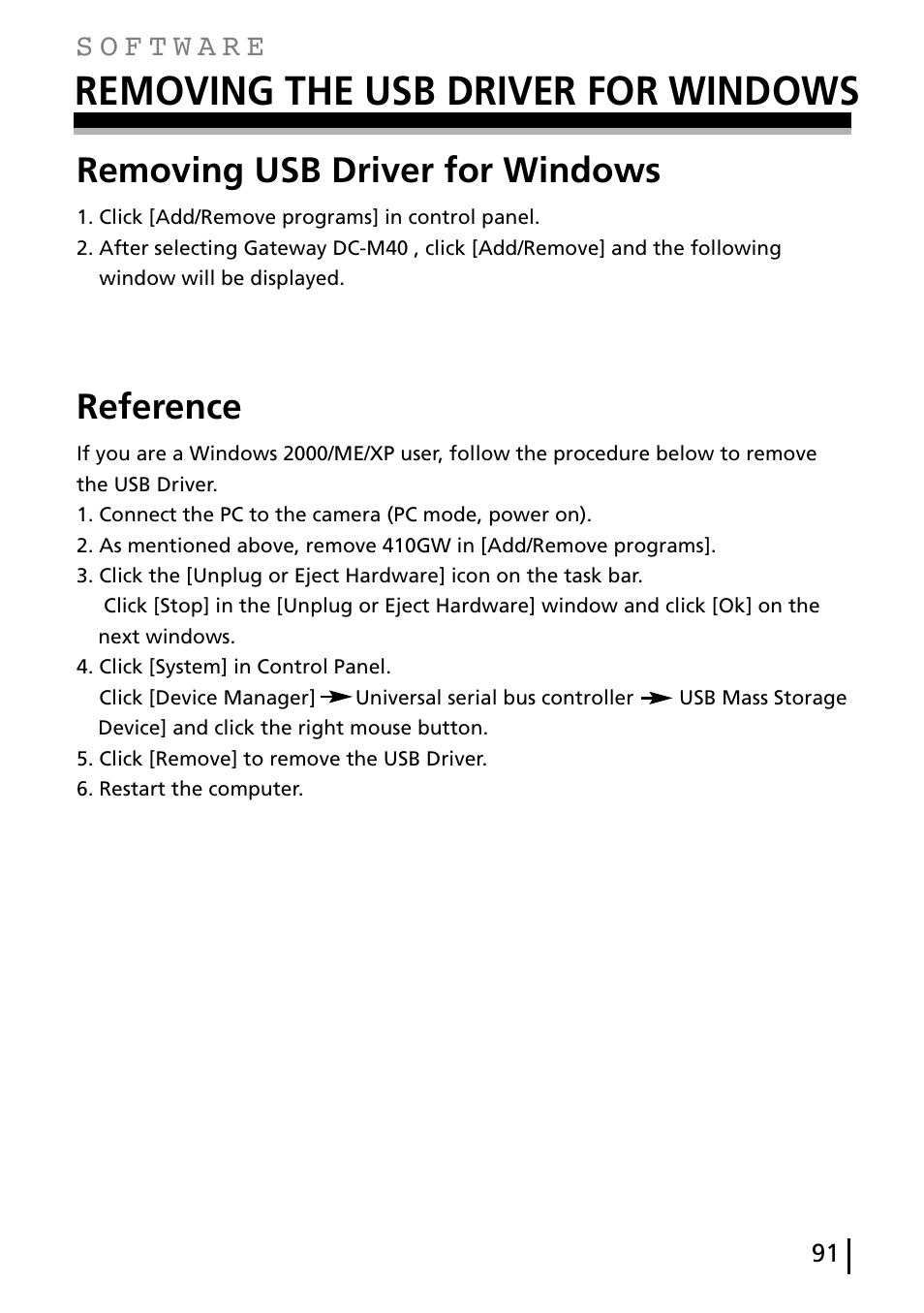 Removing the usb driver for windows, Removing usb driver for windows, Reference | Gateway DC-M40 User Manual | Page 91 / 95