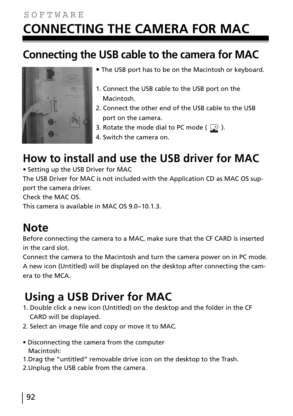 Connecting the camera for mac, Connecting the usb cable to the camera for mac, How to install and use the usb driver for mac | Using a usb driver for mac | Gateway DC-M40 User Manual | Page 92 / 95