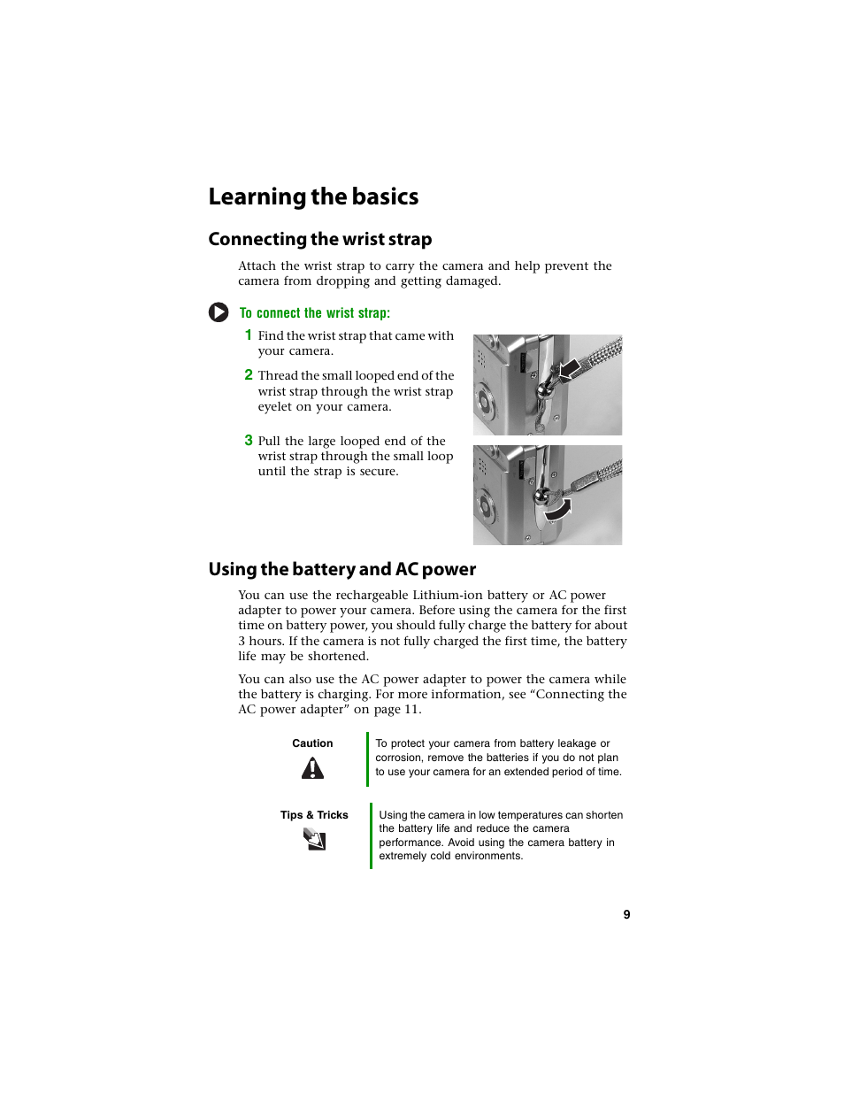 Learning the basics, Connecting the wrist strap, Using the battery and ac power | Gateway DC-T60 User Manual | Page 13 / 92