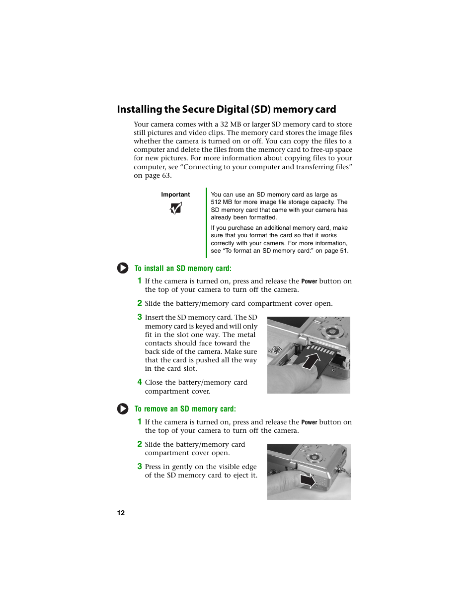 Installing the secure digital (sd)memory card, Installing the secure digital (sd) memory card | Gateway DC-T60 User Manual | Page 16 / 92