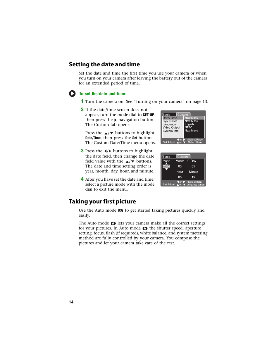 Setting the date and time, Taking your first picture | Gateway DC-T60 User Manual | Page 18 / 92