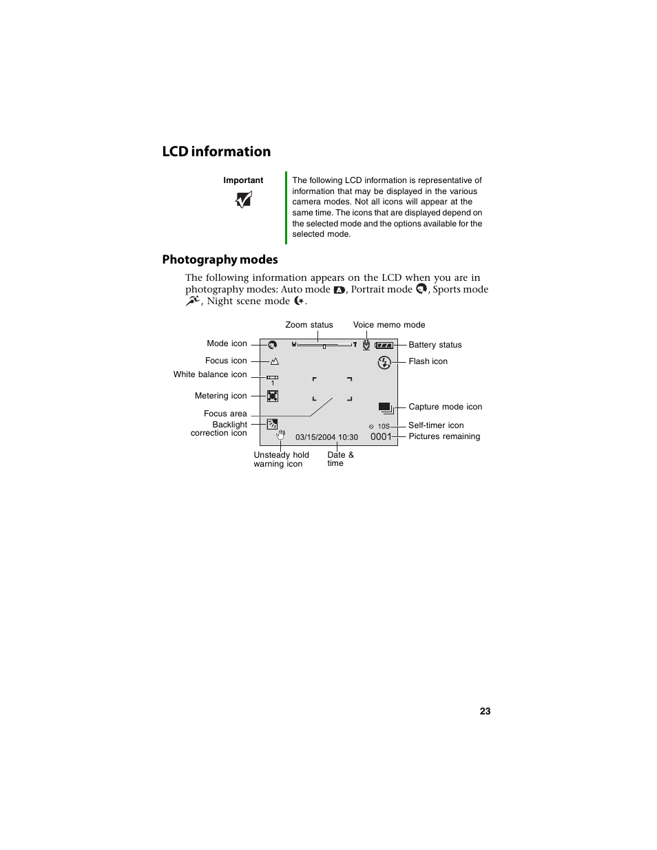 Lcd information, Photography modes | Gateway DC-T60 User Manual | Page 27 / 92