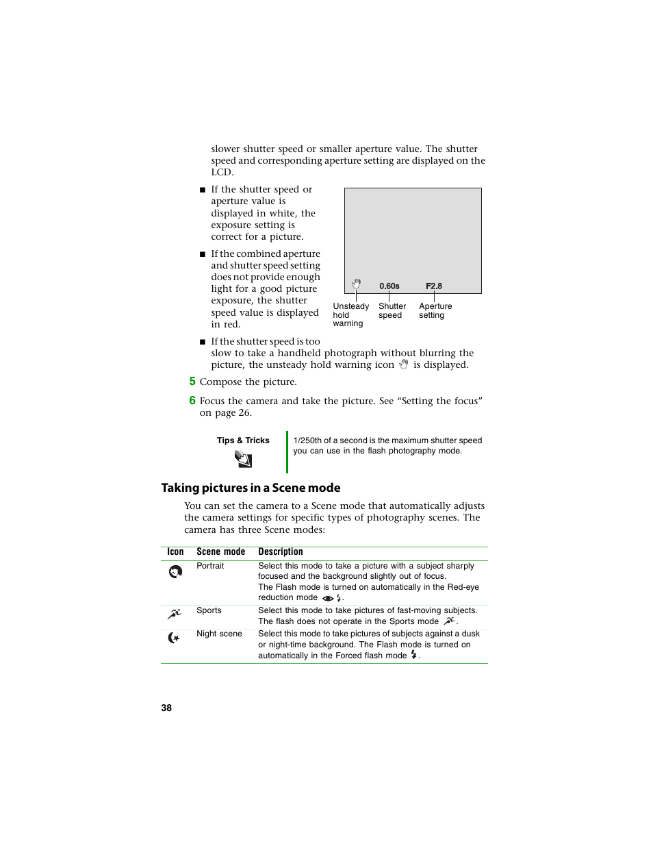 Taking pictures in a scene mode, See “taking pictures | Gateway DC-T60 User Manual | Page 42 / 92