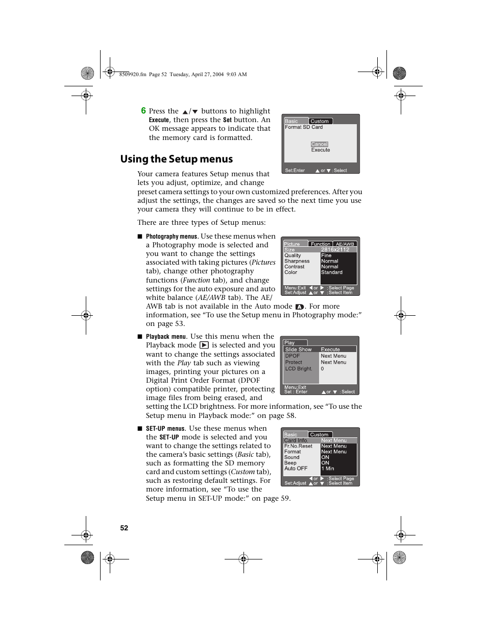 Using the setup menus | Gateway DC-T60 User Manual | Page 56 / 92