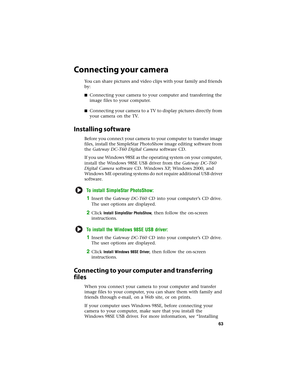 Connecting your camera, Installing software, Connecting to your computer and transferring files | Gateway DC-T60 User Manual | Page 67 / 92