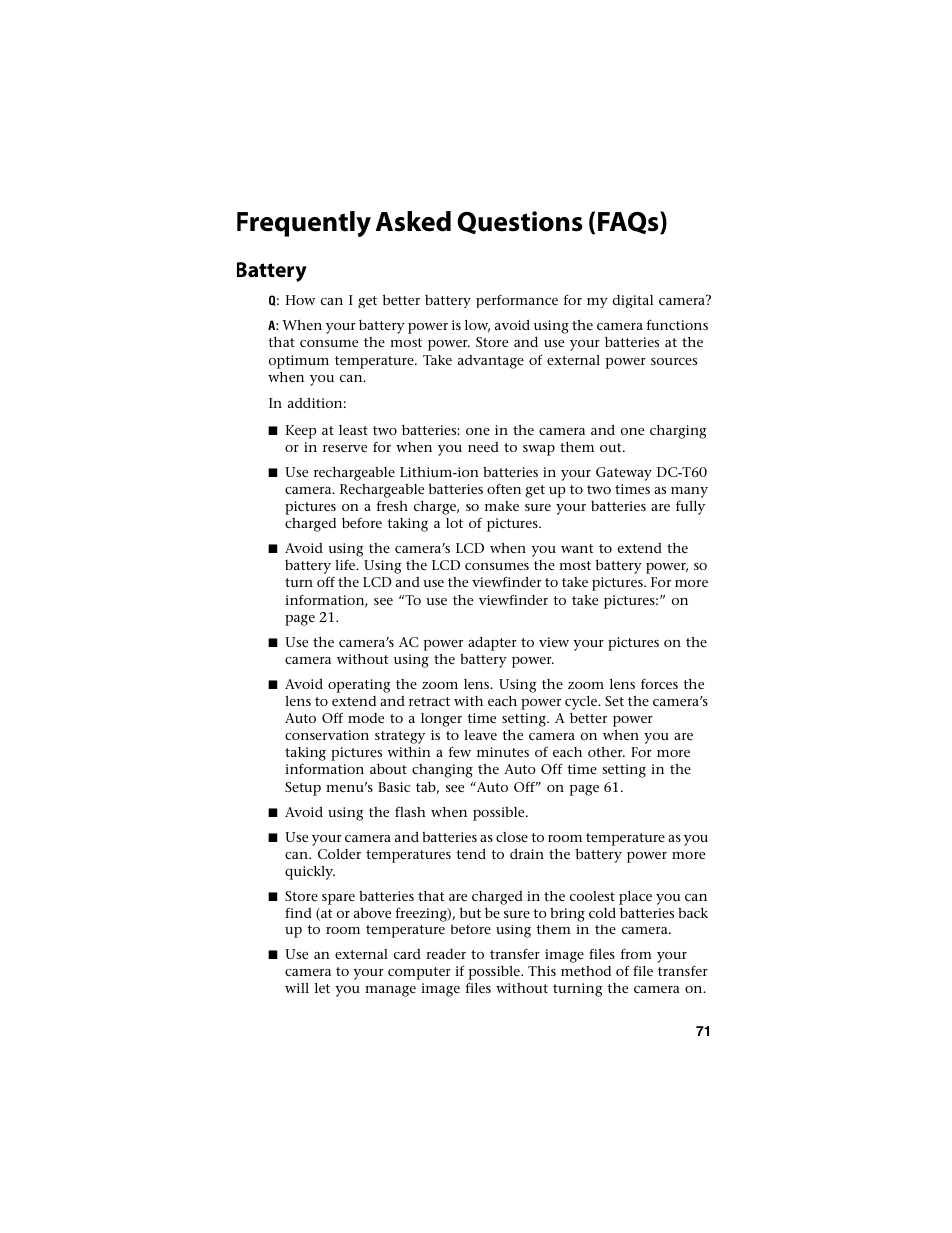 Frequently asked questions (faqs), Battery | Gateway DC-T60 User Manual | Page 75 / 92