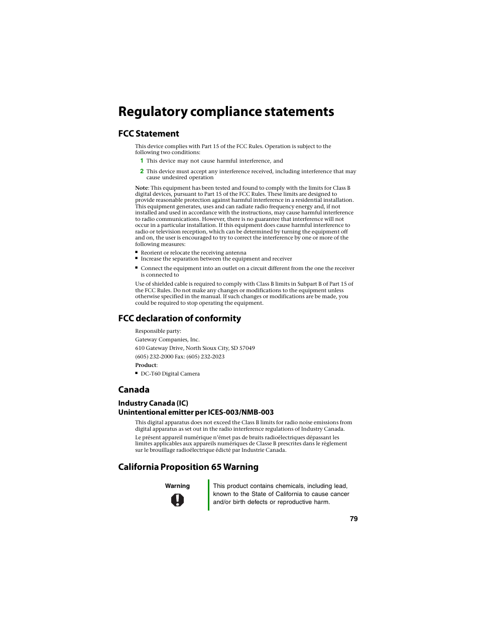 Regulatory compliance statements, Fcc statement, Fcc declaration of conformity | Canada, California proposition 65 warning | Gateway DC-T60 User Manual | Page 83 / 92