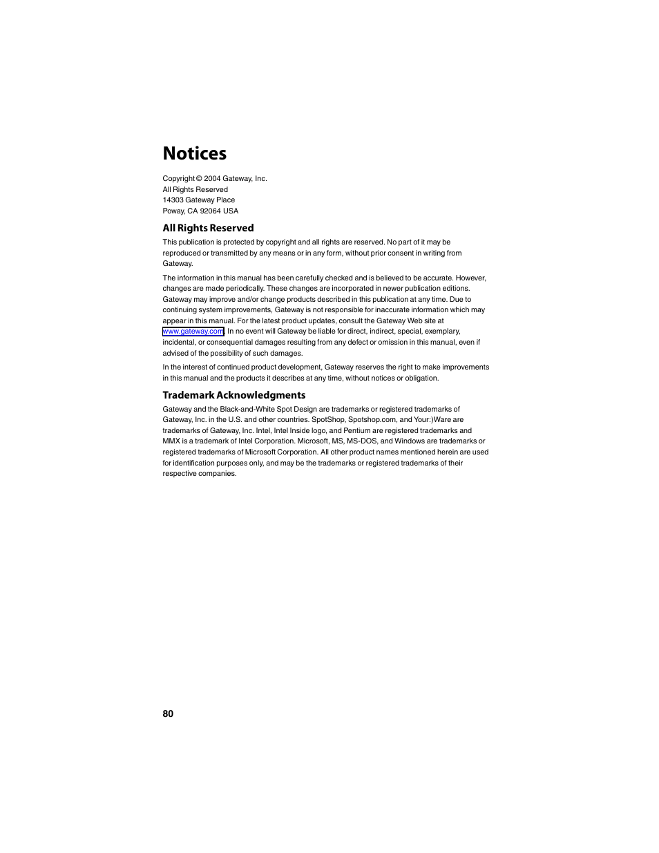 Notices, All rights reserved, Trademark acknowledgments | Gateway DC-T60 User Manual | Page 84 / 92