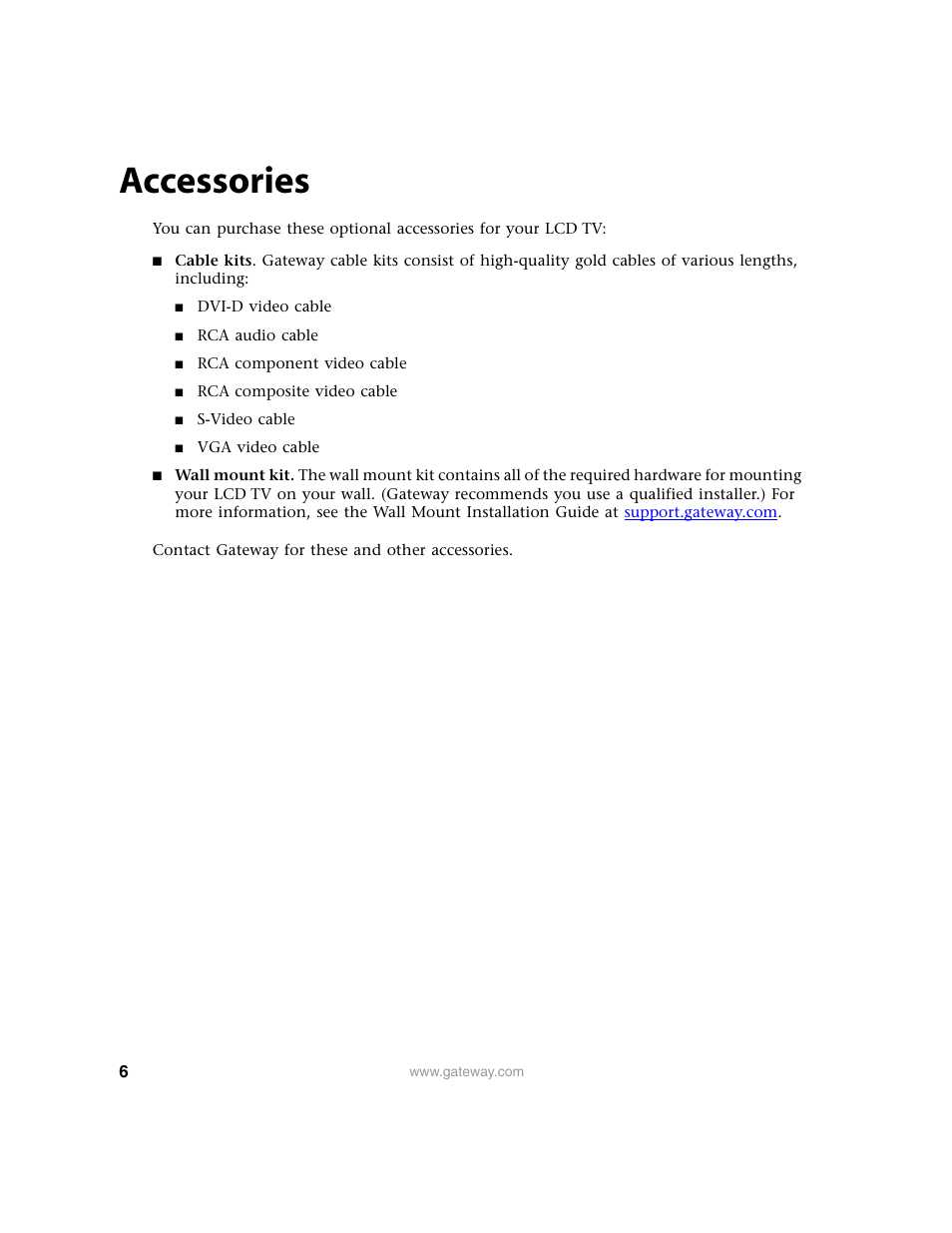 Accessories | Gateway 30 inch LCD TV User Manual | Page 10 / 64