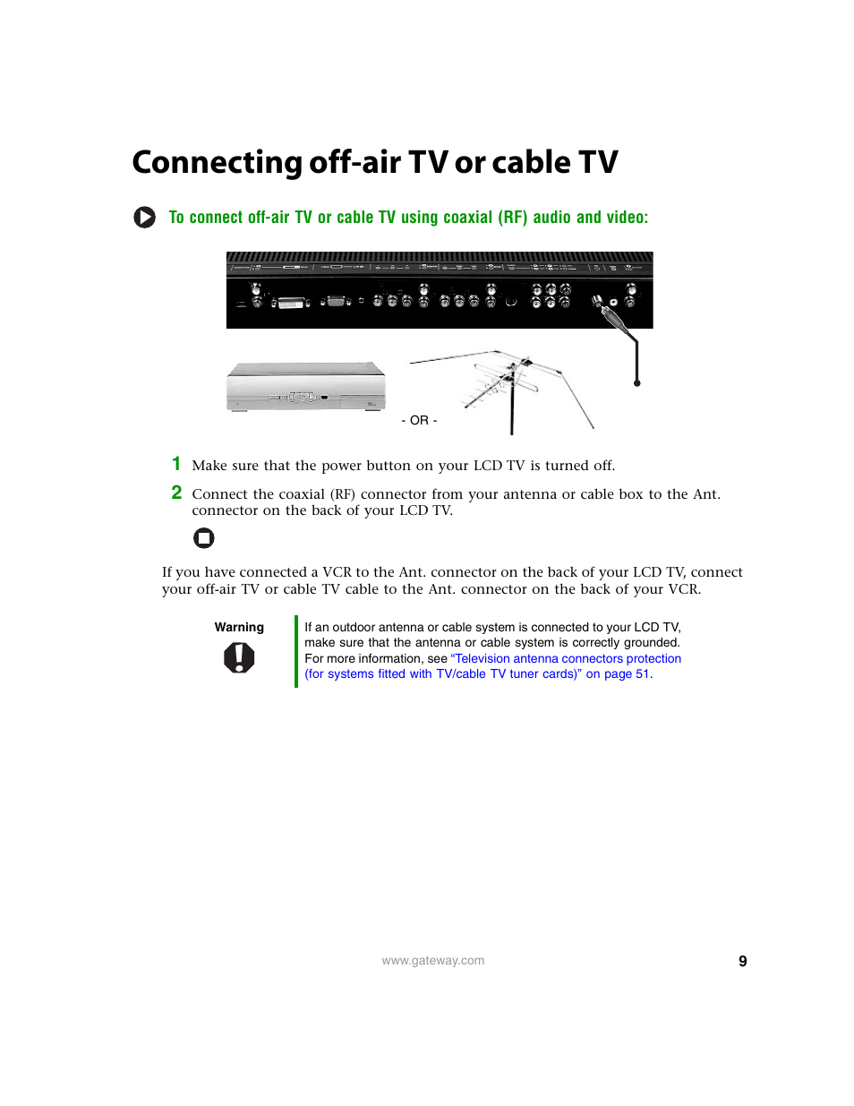 Connecting off-airtv or cabletv, Connecting off-air tv or cable tv | Gateway 30 inch LCD TV User Manual | Page 13 / 64