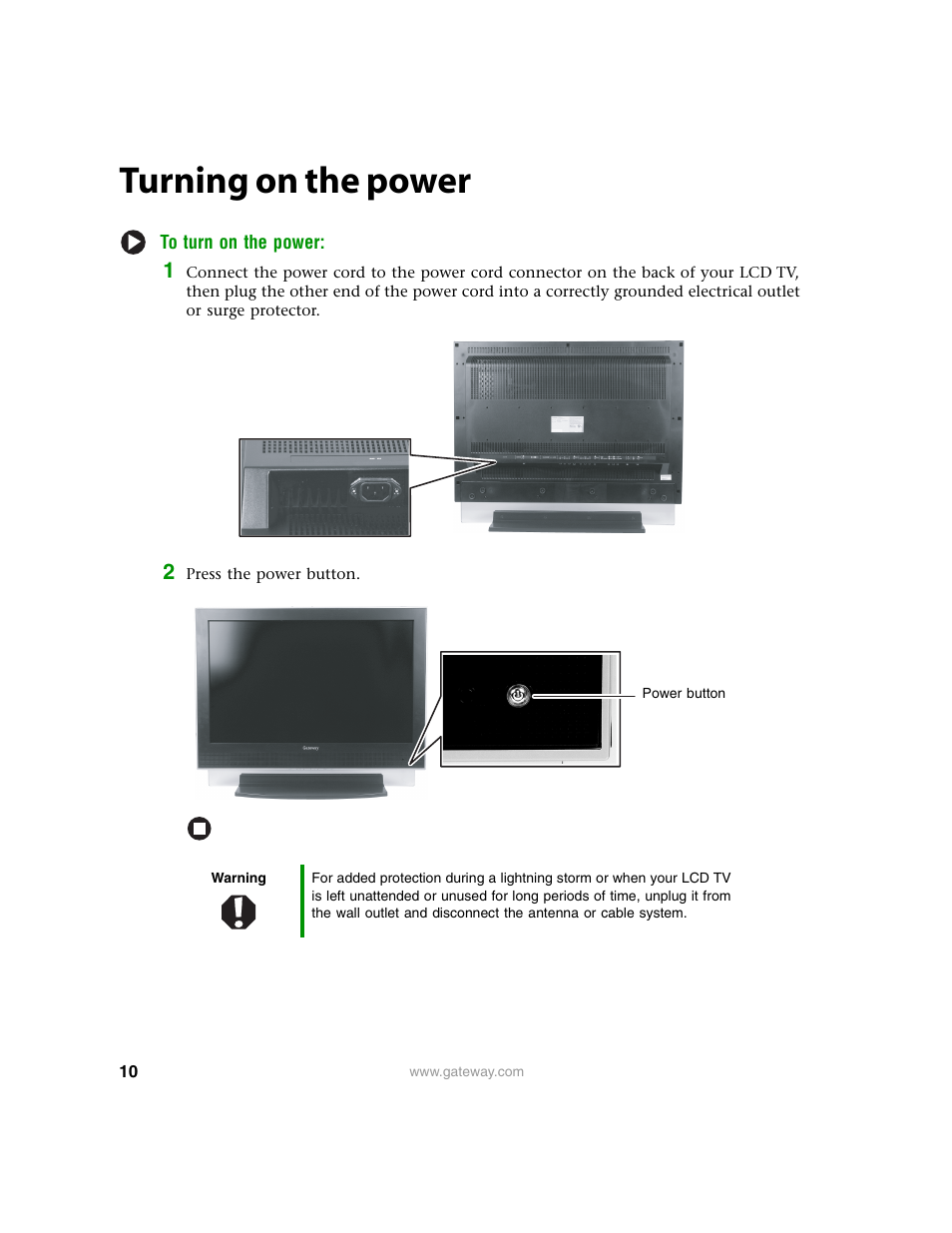 Turning on the power | Gateway 30 inch LCD TV User Manual | Page 14 / 64