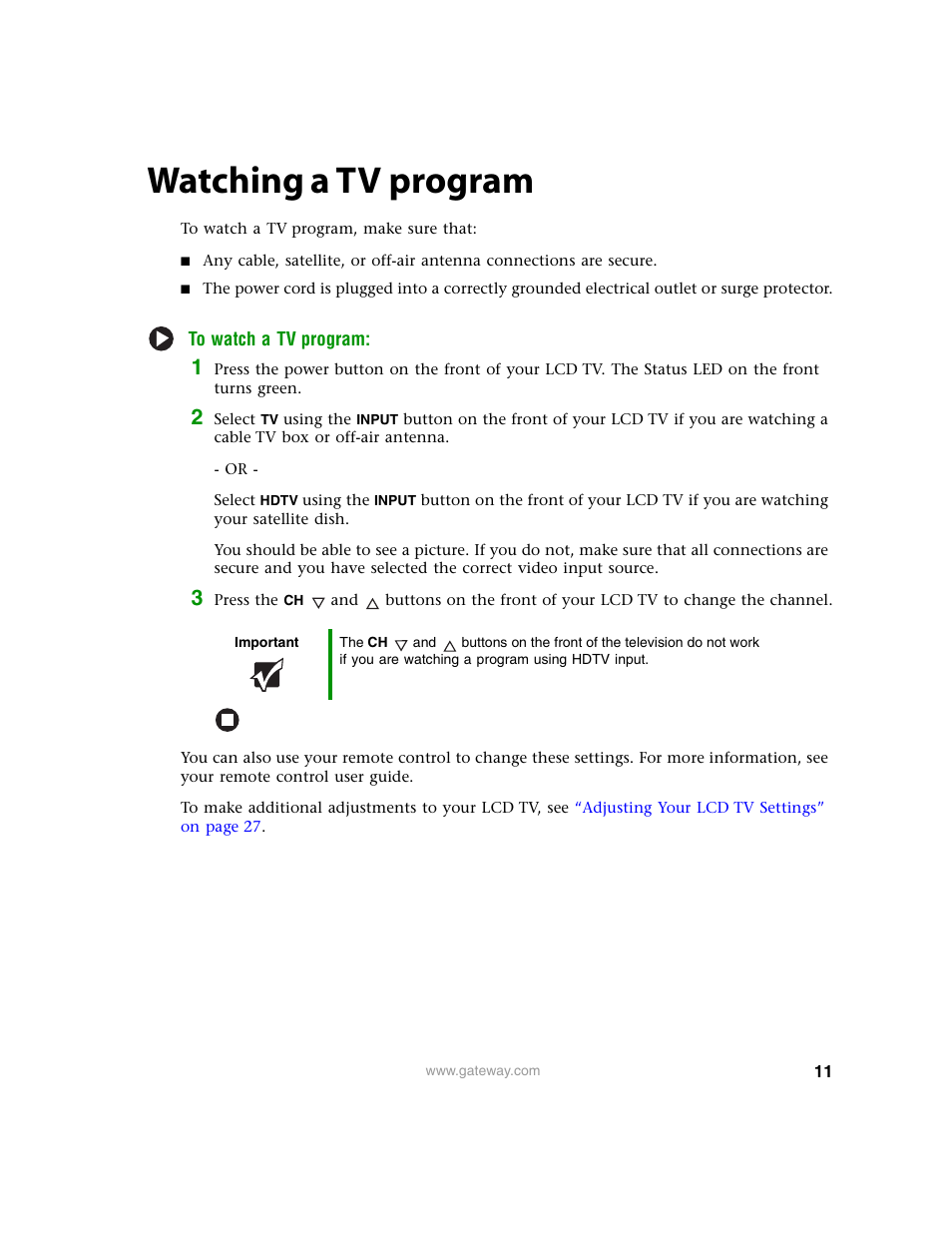 Watching a tvprogram, Watching a tv program | Gateway 30 inch LCD TV User Manual | Page 15 / 64