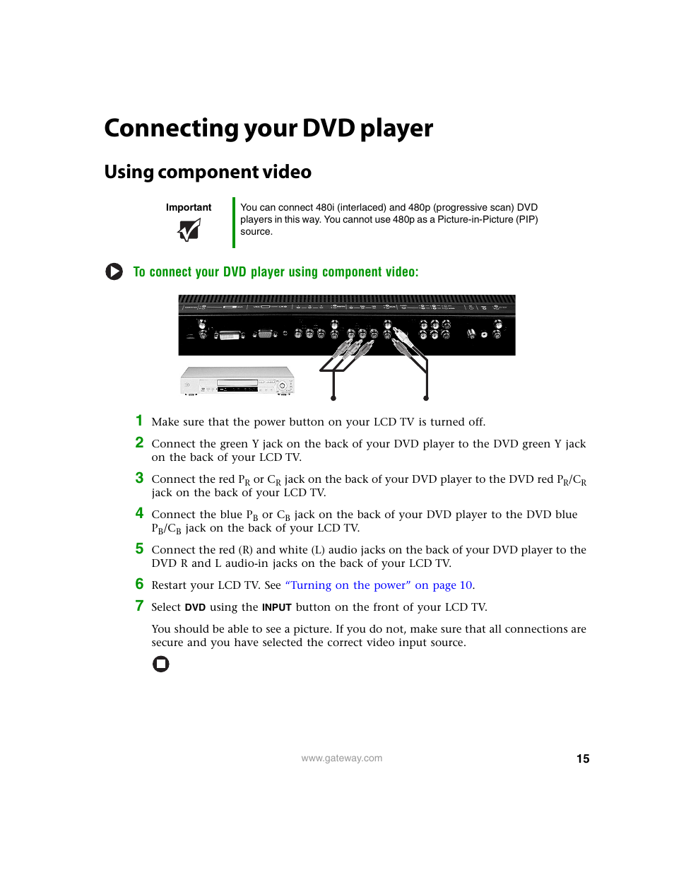 Connecting your dvd player, Using component video | Gateway 30 inch LCD TV User Manual | Page 19 / 64