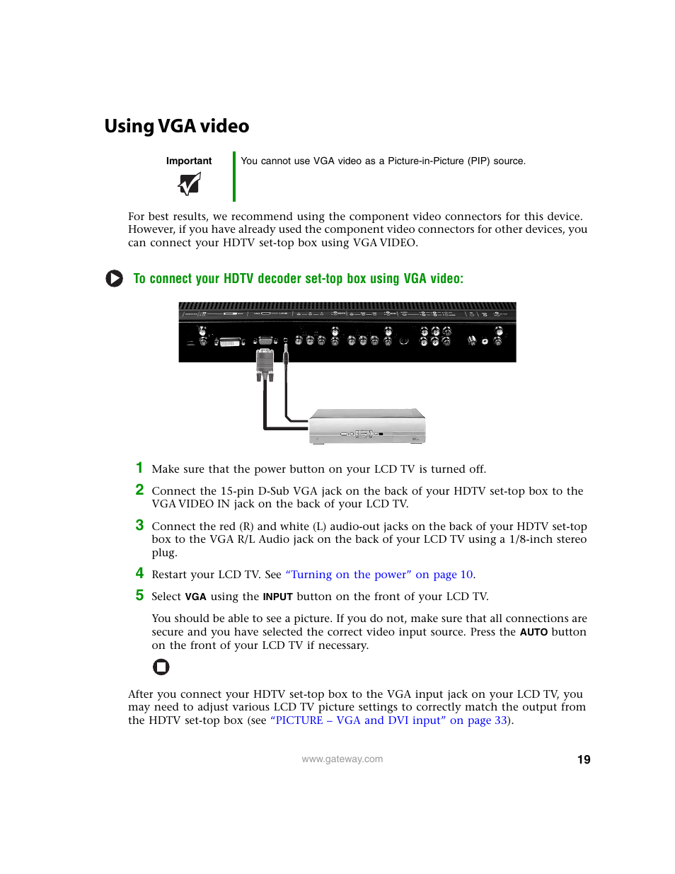 Using vga video | Gateway 30 inch LCD TV User Manual | Page 23 / 64