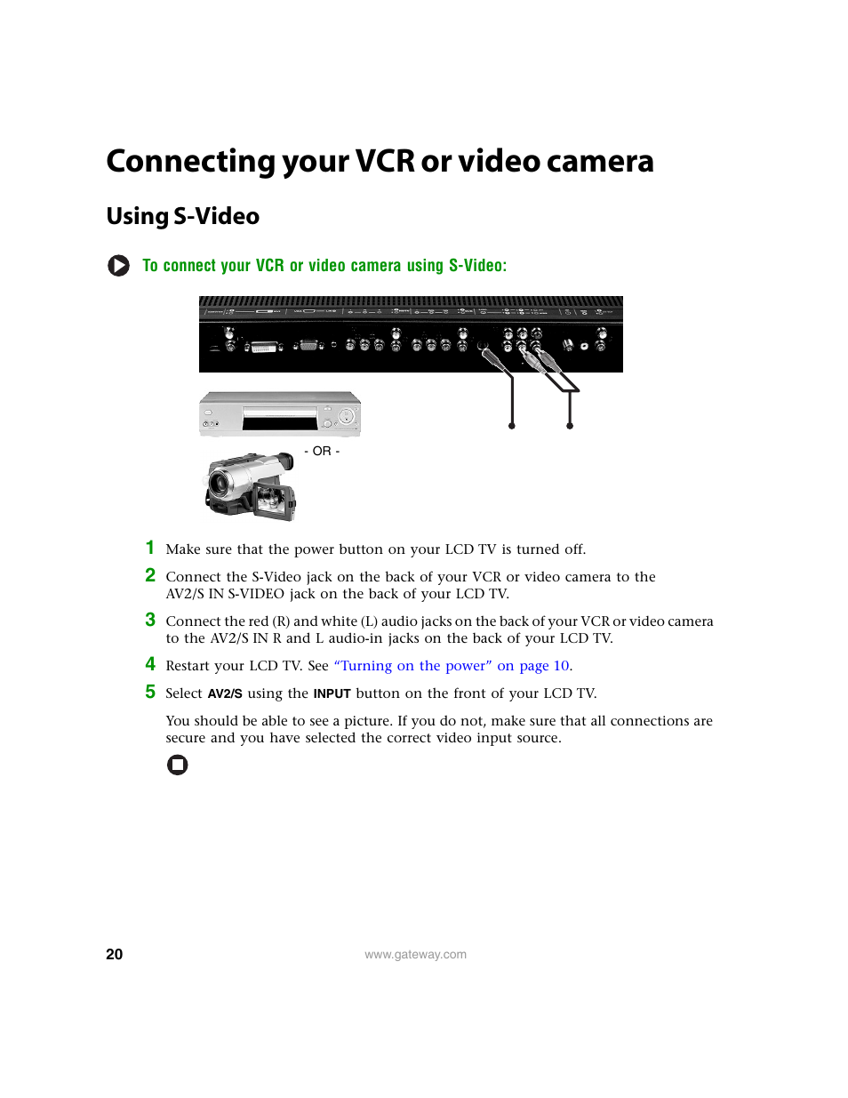 Connecting your vcr or video camera, Using s-video | Gateway 30 inch LCD TV User Manual | Page 24 / 64