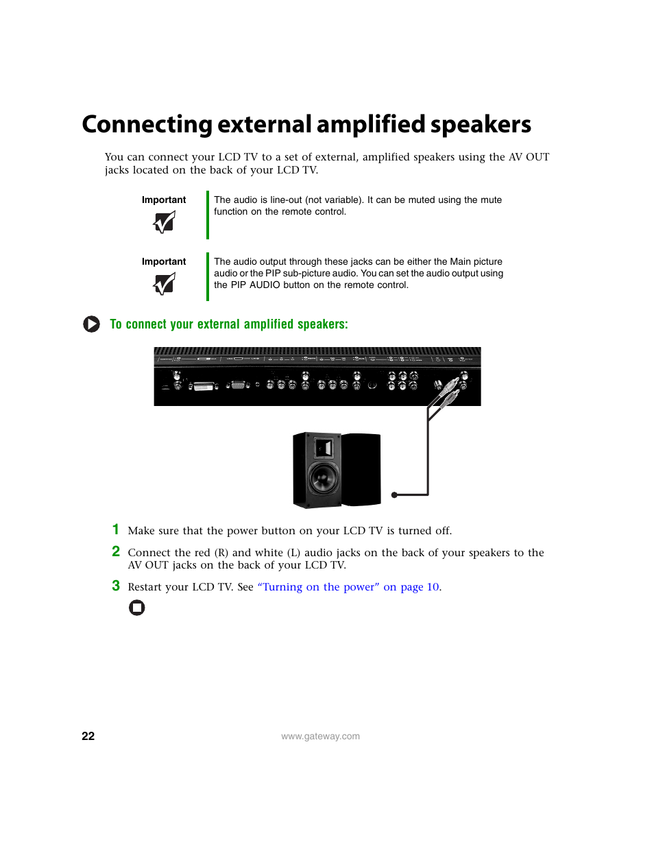 Connecting external amplified speakers | Gateway 30 inch LCD TV User Manual | Page 26 / 64