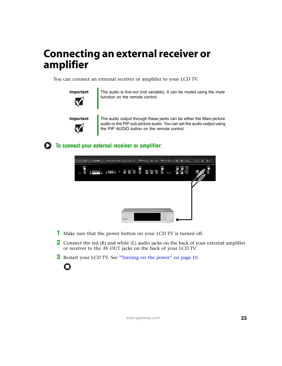 Connecting an external receiver or amplifier | Gateway 30 inch LCD TV User Manual | Page 27 / 64