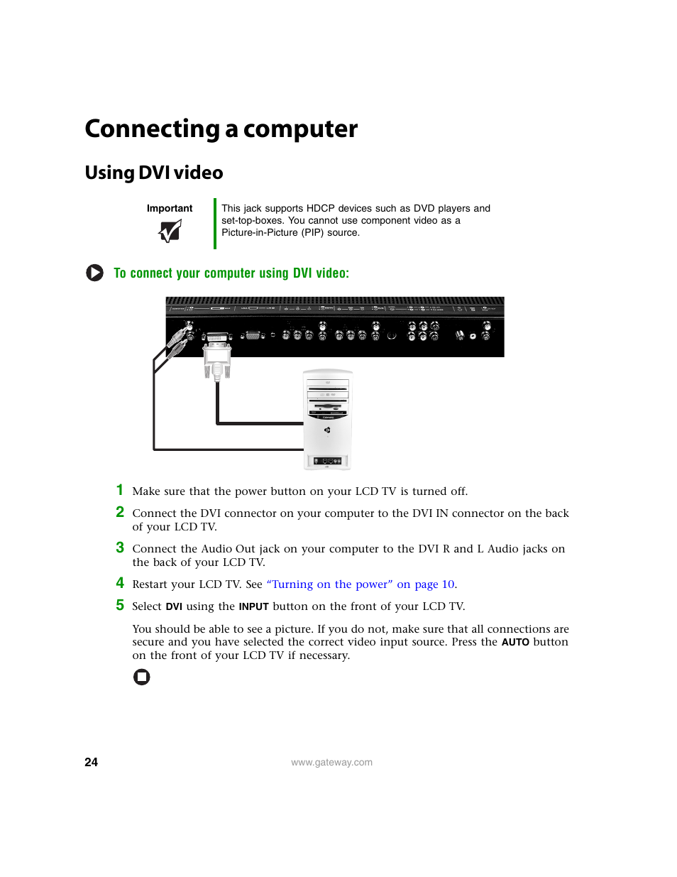 Connecting a computer, Using dvi video, Go to | Gateway 30 inch LCD TV User Manual | Page 28 / 64
