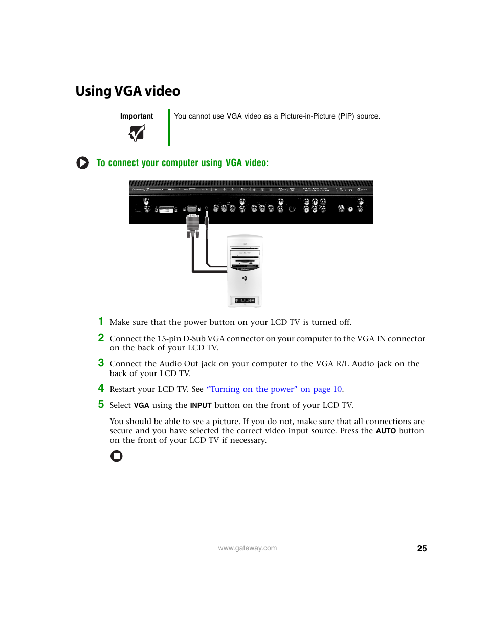 Using vga video | Gateway 30 inch LCD TV User Manual | Page 29 / 64