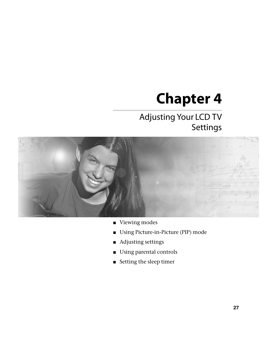 Adjusting your lcdtv settings, Adjusting your lcd tv settings, Chapter 4 | Gateway 30 inch LCD TV User Manual | Page 31 / 64