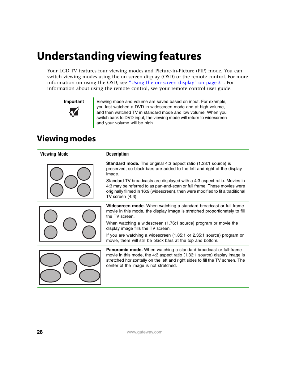 Understanding viewing features, Viewing modes | Gateway 30 inch LCD TV User Manual | Page 32 / 64