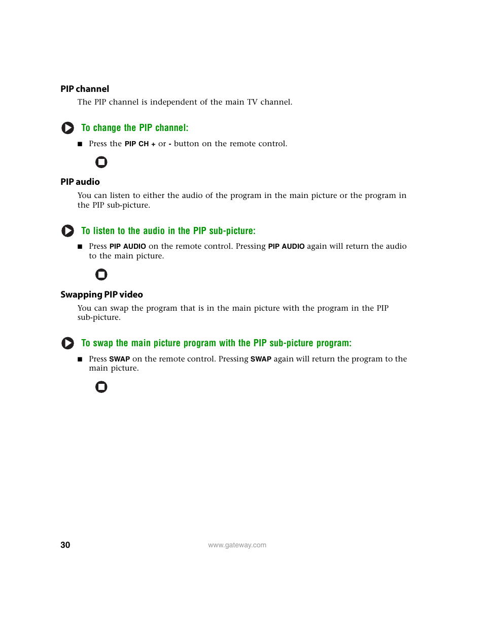 Pip channel, Pip audio, Swapping pip video | Gateway 30 inch LCD TV User Manual | Page 34 / 64