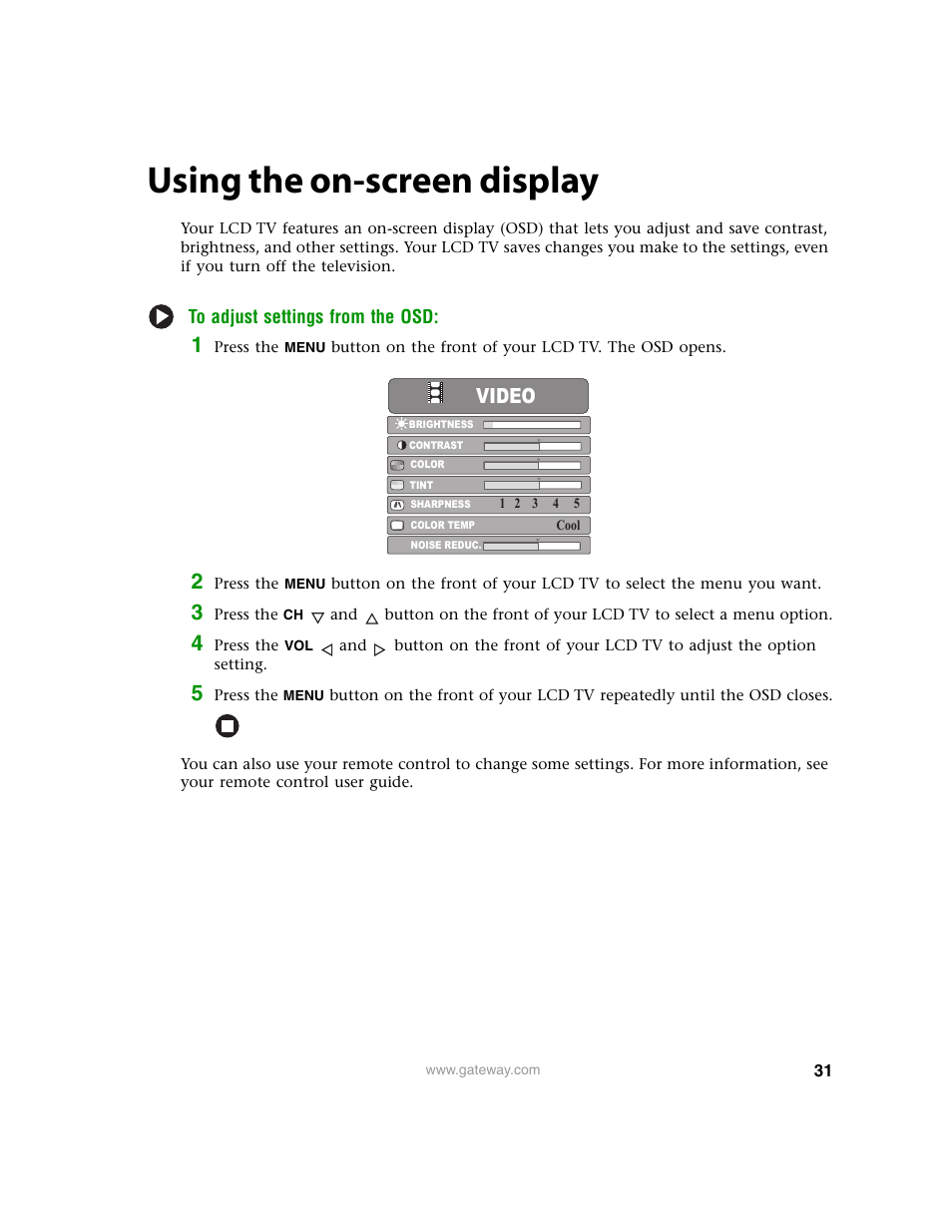 Using the on-screen display, Video | Gateway 30 inch LCD TV User Manual | Page 35 / 64