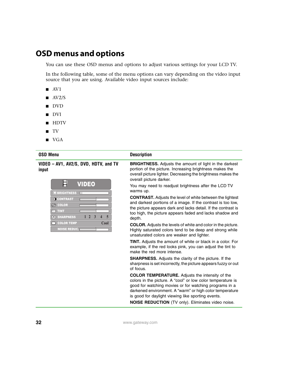 Osd menus and options, Video | Gateway 30 inch LCD TV User Manual | Page 36 / 64
