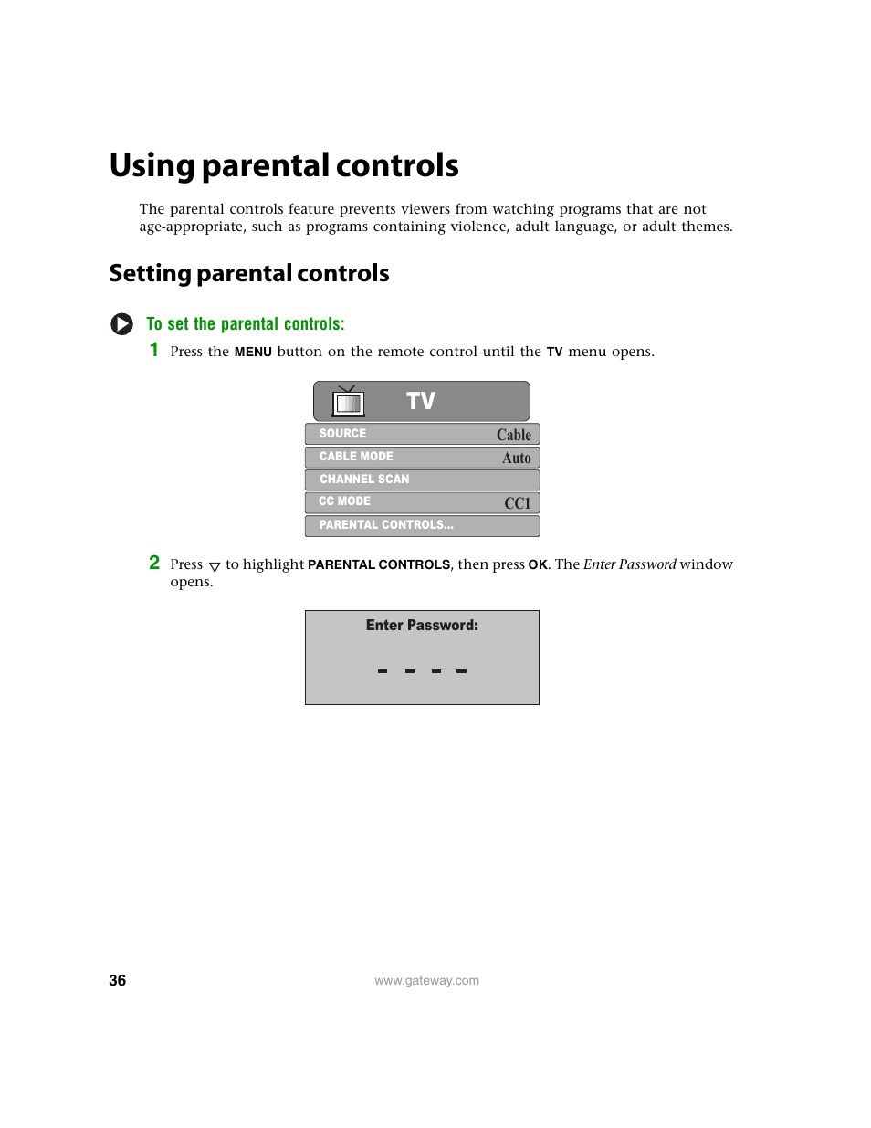 Using parental controls, Setting parental controls, Setting parental controls” on | Gateway 30 inch LCD TV User Manual | Page 40 / 64